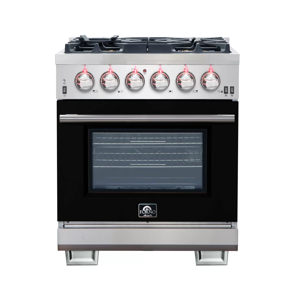 Capriasca 30-Inch Freestanding Gas Range, 4 Burners, True Convection Oven, Black Door