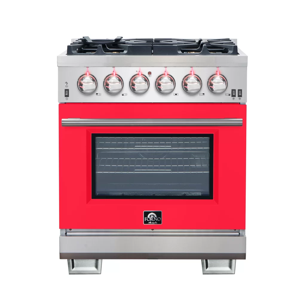 Capriasca 30-Inch Freestanding Gas Range, 4 Burners, True Convection Oven, Red Door