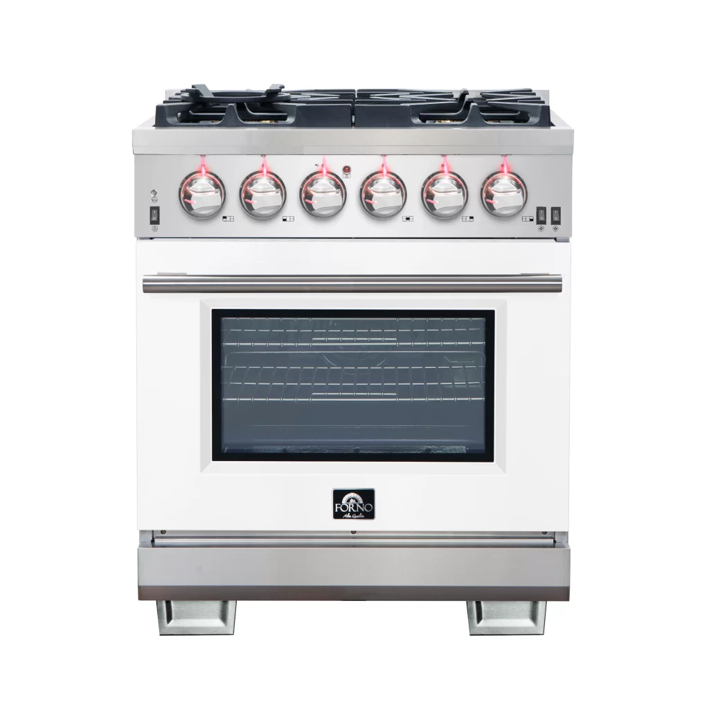 Capriasca 30-Inch Freestanding Gas Range, 4 Burners, True Convection Oven, White Door