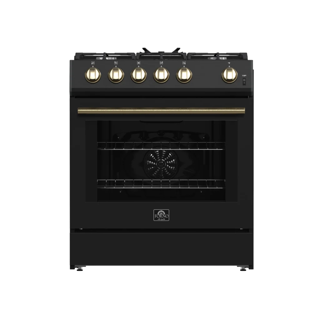 Leonardo Espresso 30-Inch Black Gas Range, 5 Burners, 39,500 BTU, 5 cu.ft Convection Oven