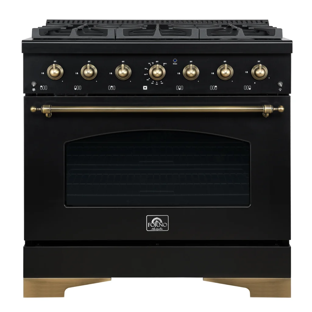 Antico 36-inch Dual Fuel Range, Black and Antique Brass, 6 Burners, 4.5 cu.ft. Convection Oven