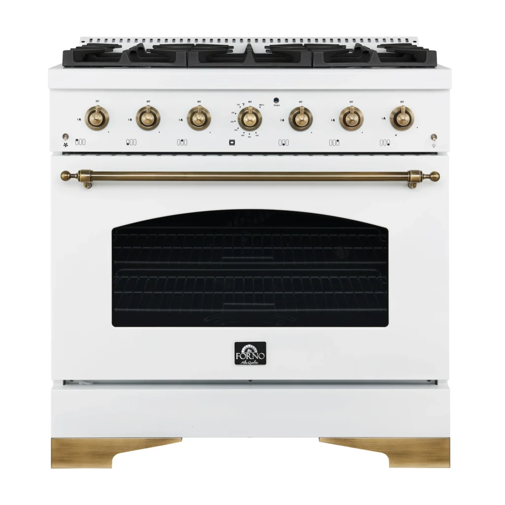 Antico 36-inch Dual Fuel Range White and Antique Brass Design with 6 Sealed Gas Burners and Electric Convection Oven