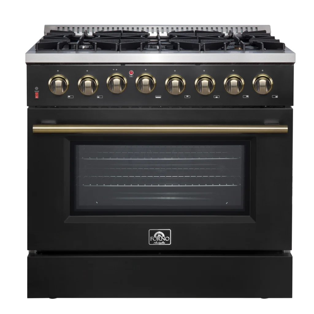 Galiano 36-inch Dual Fuel Range in Black & Antique Brass Design, 6 Sealed Burners 83,000 BTU, 5.36 cu.ft. True Convection Oven