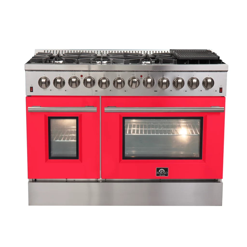 Galiano 48-Inch Freestanding Dual Fuel Range, 8 Burners, Double Convection Ovens, Red Doors