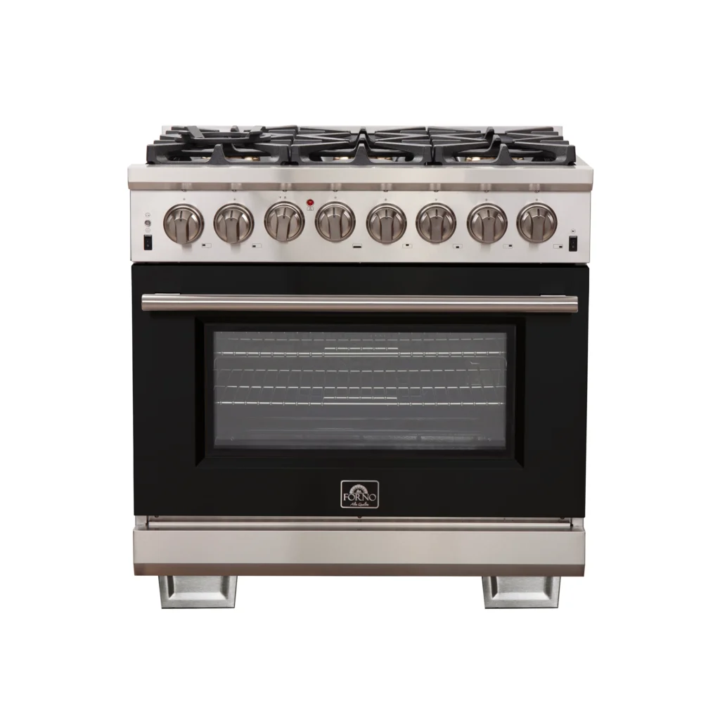 Capriasca 36-Inch Freestanding Dual Fuel Range, 6 Burners, True Convection Oven, Black Door