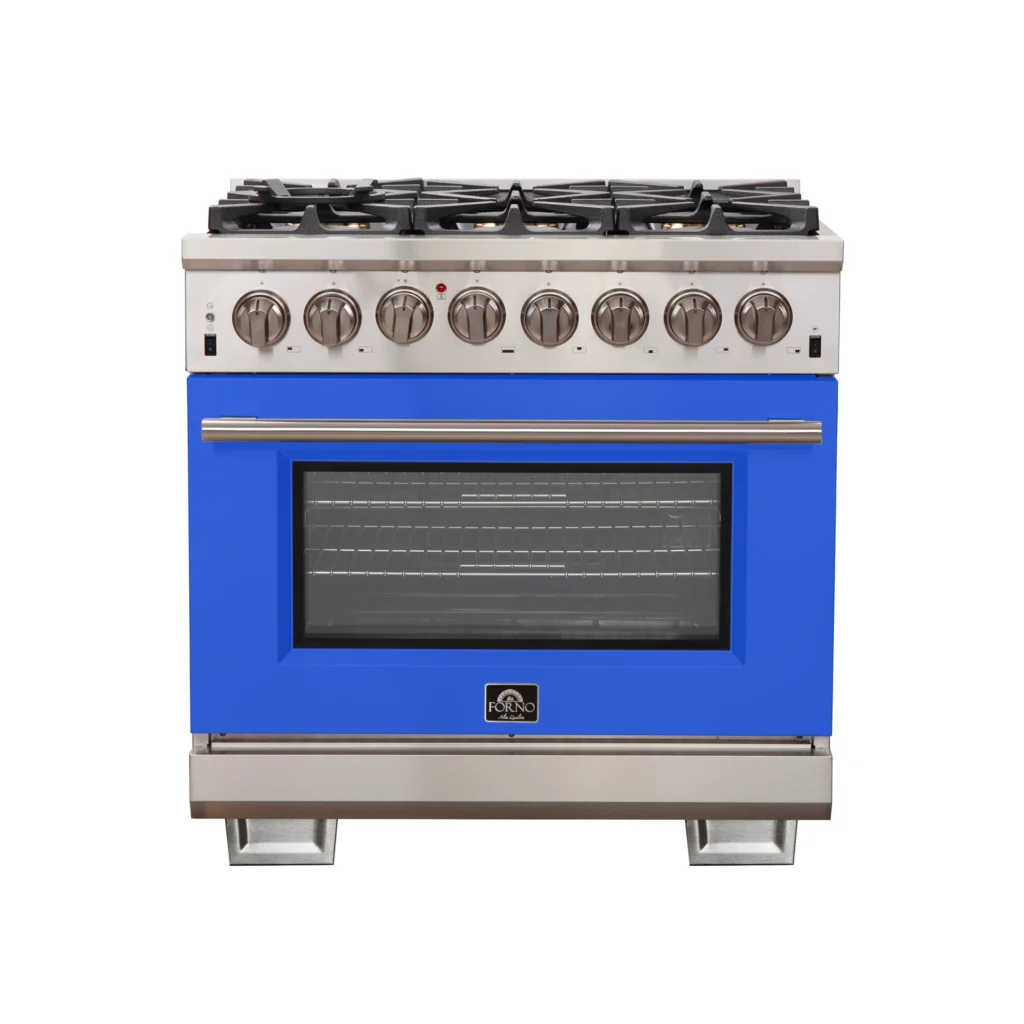 Capriasca 36-Inch Freestanding Dual Fuel Range, 6 Burners, True Convection Oven, Blue Door