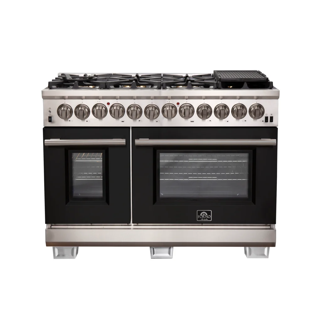 Capriasca 48-Inch Freestanding Dual Fuel Range, 8 Burners, True Convection Oven, Black Doors
