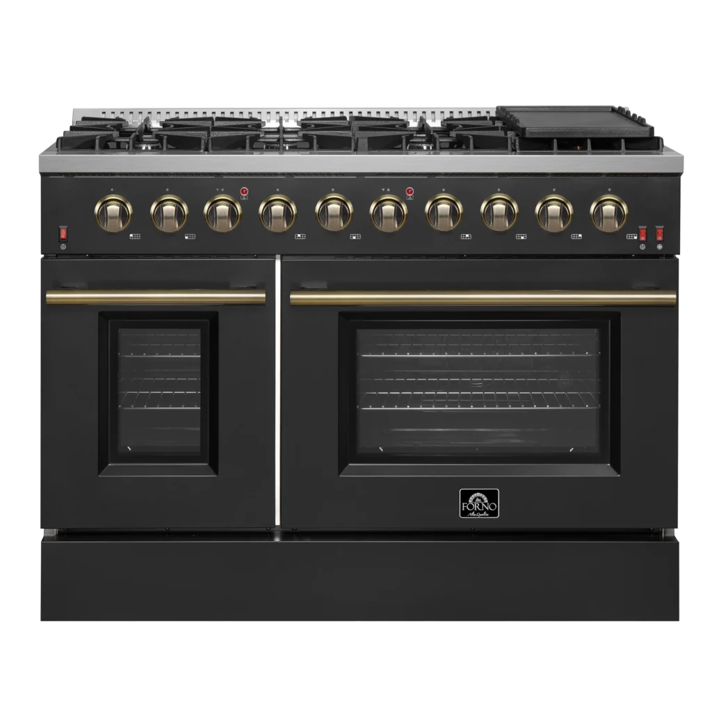 Galiano 48-inch Gas Range Black & Antique Brass Design, 8 Burners, 107,000 BTU, Griddle, 6.58 cu.ft. Double Ovens