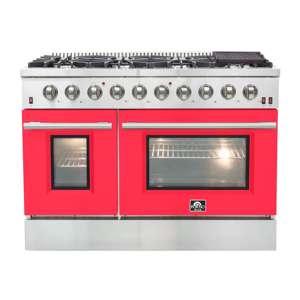 Galiano 48-Inch Freestanding Gas Range, Stainless Steel, 8 Burners, 107,000 BTU, Griddle, Double Ovens, Energy Efficient, Red Doors