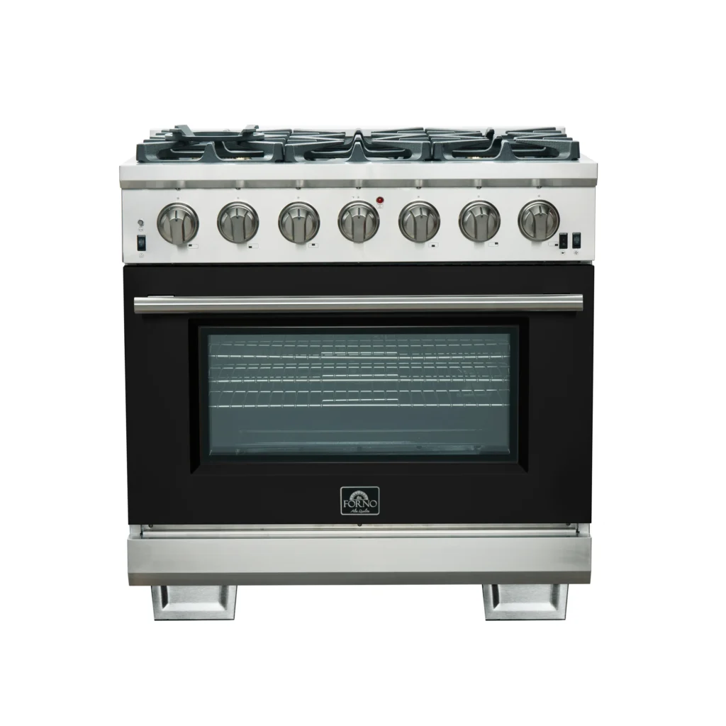 Capriasca 36-Inch Gas Range, Stainless Steel, 6 Brass Burners, 120,000 BTU, Convection Oven, Energy Efficient, Black door