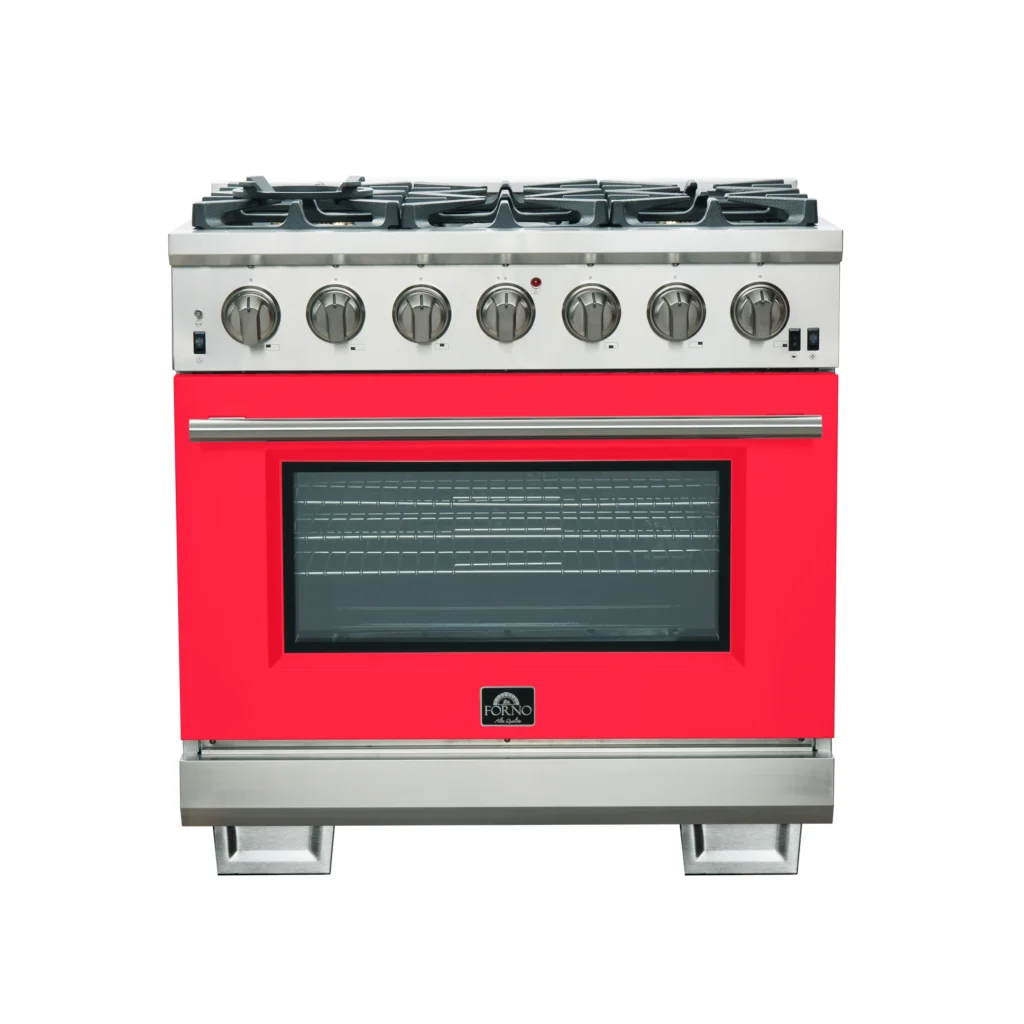 Capriasca 36-Inch Gas Range, Stainless Steel, 6 Brass Burners, 120,000 BTU, Convection Oven, Energy Efficient, Red Door