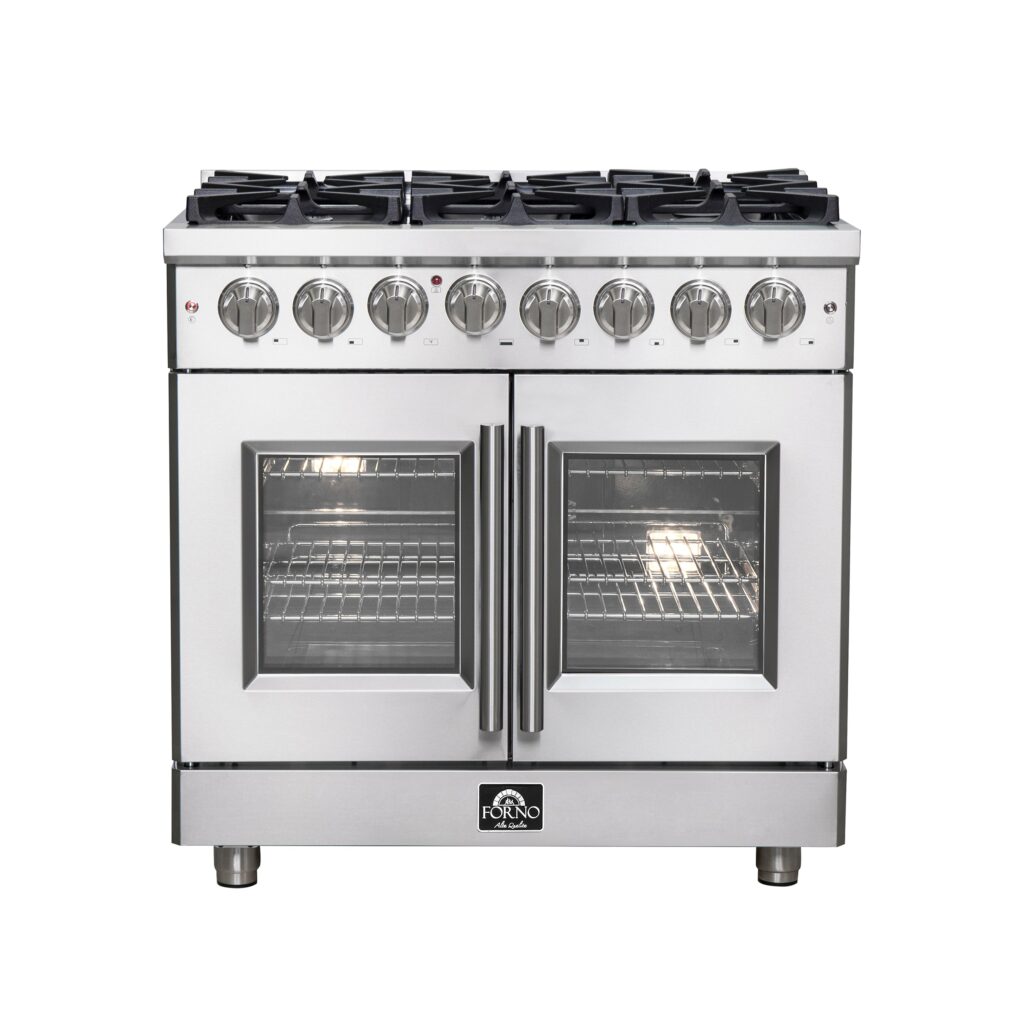 Massimo 36-Inch Freestanding French Door Dual Fuel Range, 6 Burners, True Convection Oven
