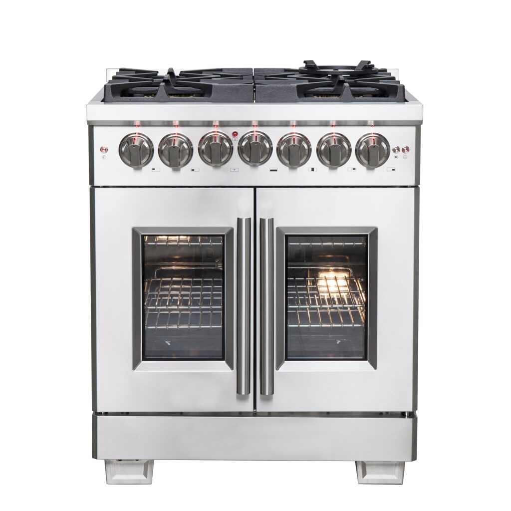 Capriasca 30-Inch Freestanding French Door Dual Fuel Range, 4 Burners, True Convection Oven