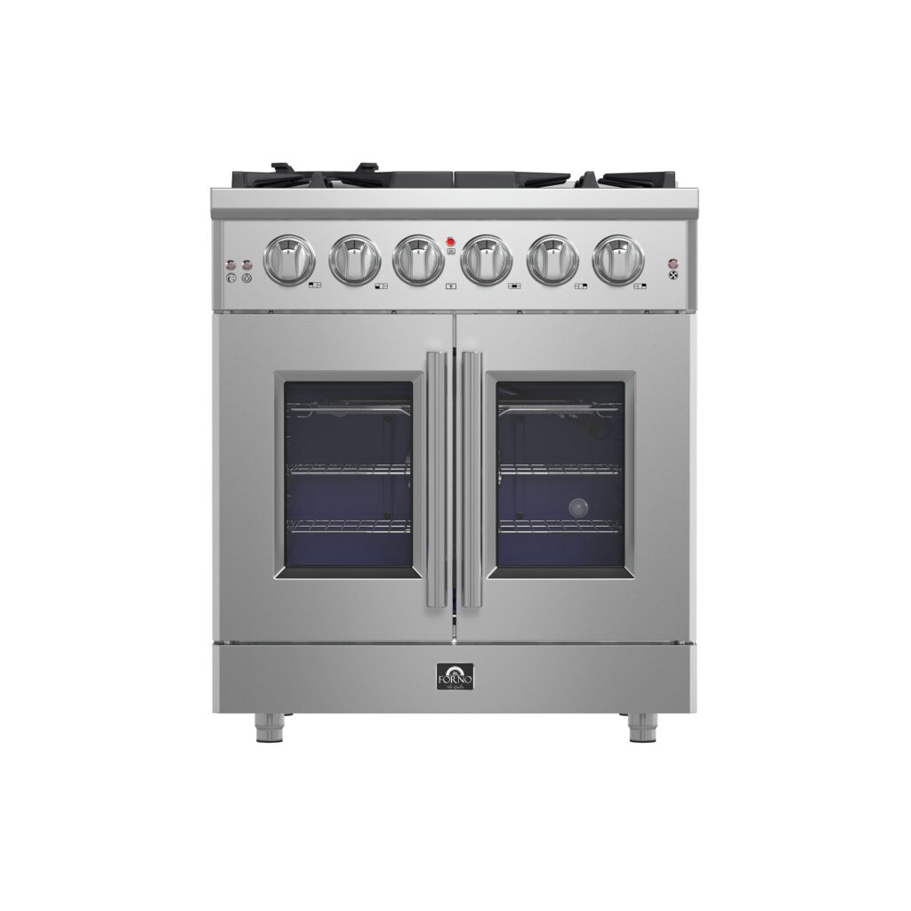 Massimo 30-Inch Freestanding French Door Gas Range, 4 Burners, Convection Oven, Energy Efficient