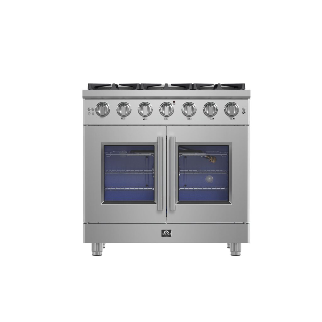 Massimo 36-Inch Freestanding French Door Gas Range, 6 Burners, Convection Oven, Energy Efficient