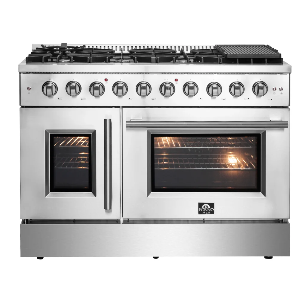 Galiano 48-Inch Freestanding French Door Gas Range, 8 Burners, Griddle, Convection Oven, Energy Efficient
