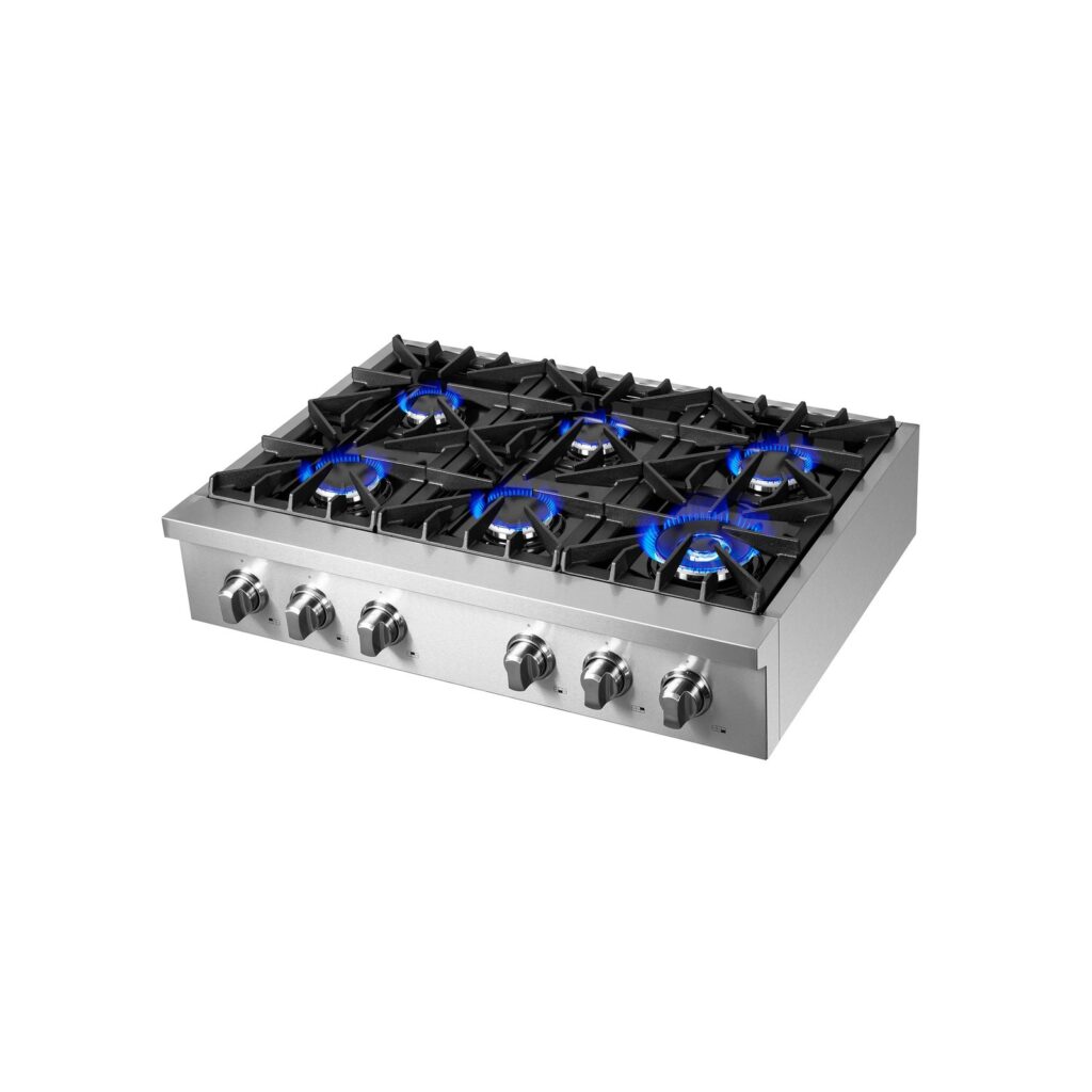 Cossato Alta Qualita 36-Inch Pro-Style Gas Rangetop, Stainless Steel, 6 Sealed Burners, 83,000 BTU Total Output, Continuous Cast Iron Grates