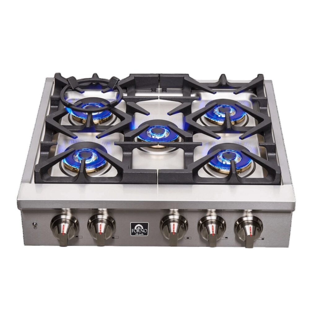 Spezia Alta Qualita 30-Inch Pro-Style Gas Rangetop, Stainless Steel, 5 Sealed Burners, Continuous Cast Iron Grates, High Heat Output
