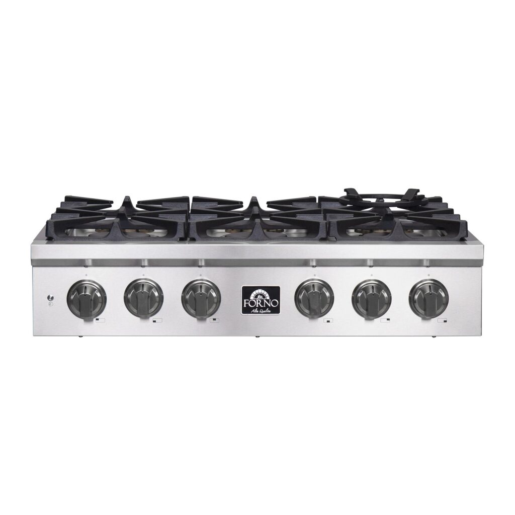 Spezia Alta Qualita 36-Inch Pro-Style Gas Rangetop, Stainless Steel, 6 Sealed Burners, Continuous Cast Iron Grates, High Heat Output