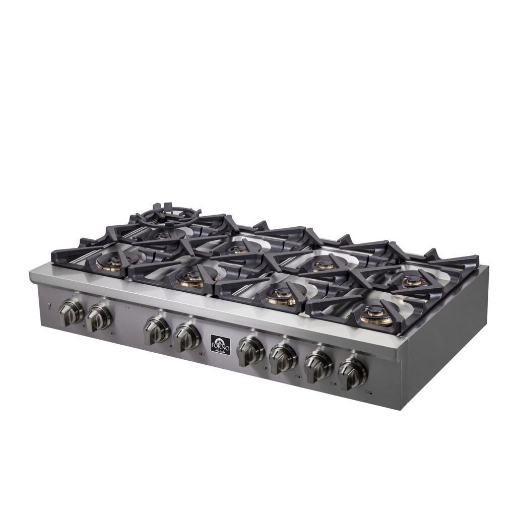 Spezia Alta Qualita 48-Inch Pro-Style Gas Rangetop, Stainless Steel, 8 Sealed Burners, Continuous Cast Iron Grates, High Heat Output