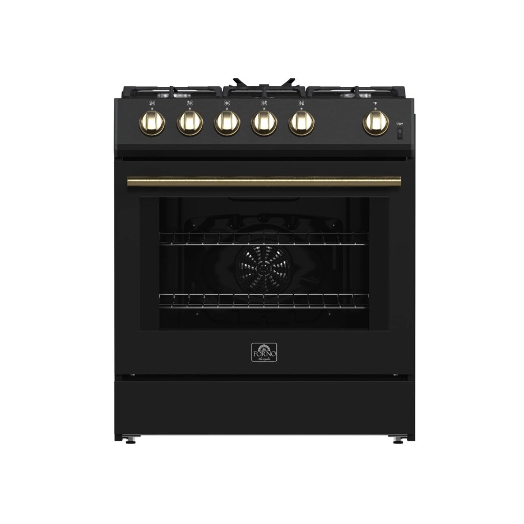 Leonardo Espresso 30-Inch Black Gas Range, 5 Burners, 39,500 BTU, 5 cu.ft Convection Oven
