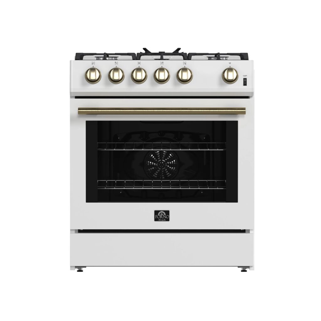 Leonardo Espresso 30-Inch White Gas Range, 5 Burners, 39,500 BTU, 5 cu.ft Convection Oven
