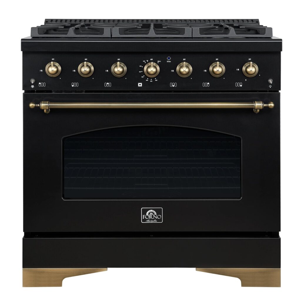 Antico 36-inch Dual Fuel Range, Black and Antique Brass, 6 Burners, 4.5 cu.ft. Convection Oven