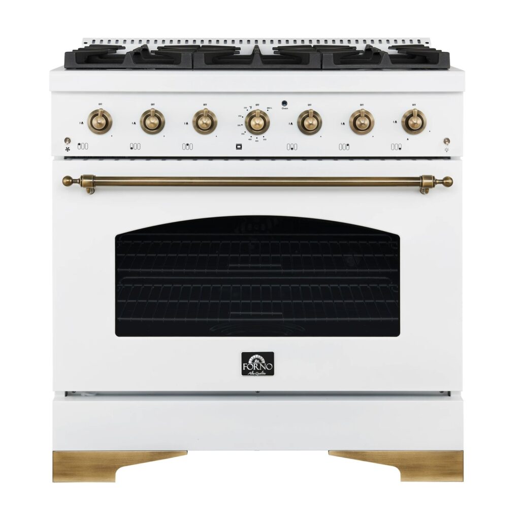 Antico 36-inch Dual Fuel Range White and Antique Brass Design with 6 Sealed Gas Burners and Electric Convection Oven