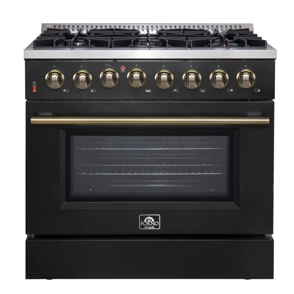 Galiano 36-inch Dual Fuel Range in Black & Antique Brass Design, 6 Sealed Burners 83,000 BTU, 5.36 cu.ft. True Convection Oven