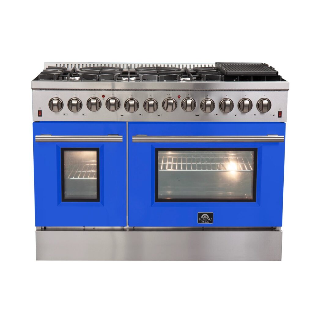 Galiano 48-Inch Freestanding Dual Fuel Range, 8 Burners, Double Convection Ovens, Blue Doors