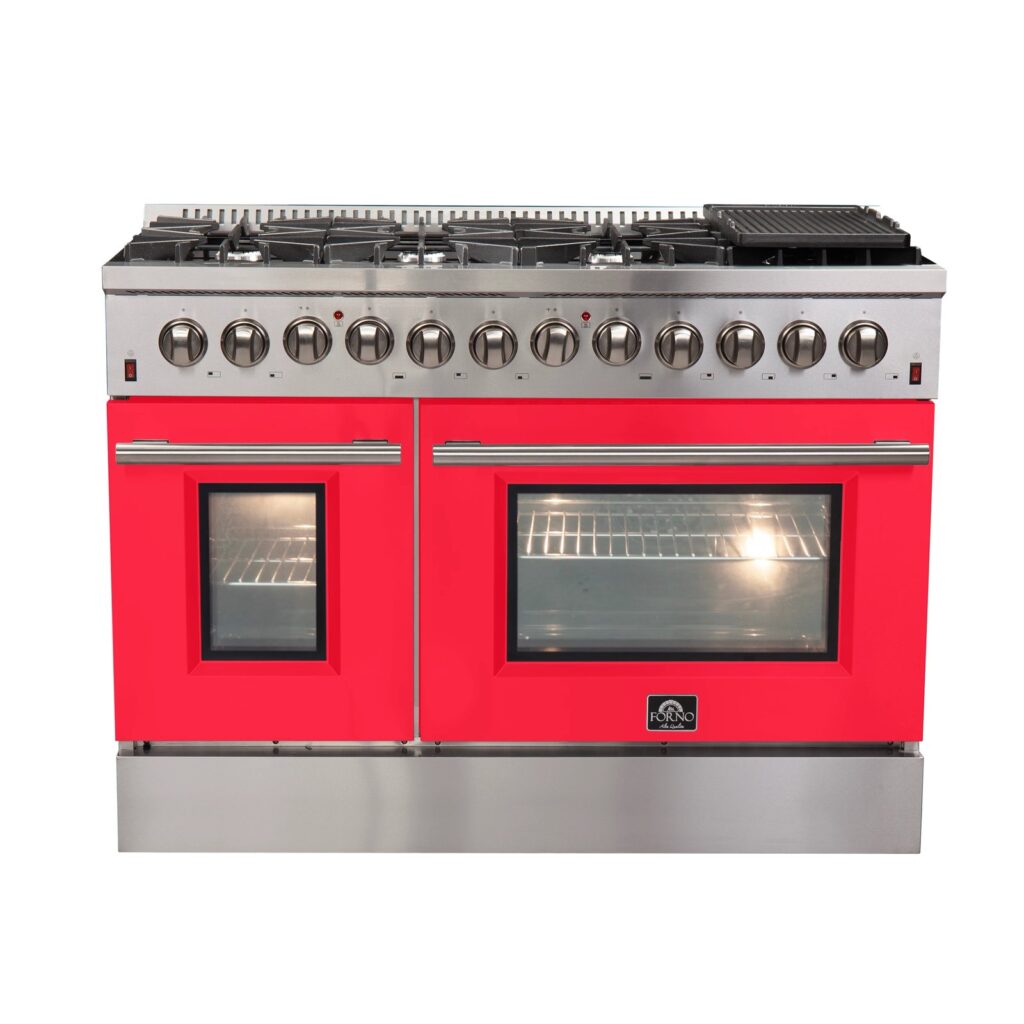 Galiano 48-Inch Freestanding Dual Fuel Range, 8 Burners, Double Convection Ovens, Red Doors