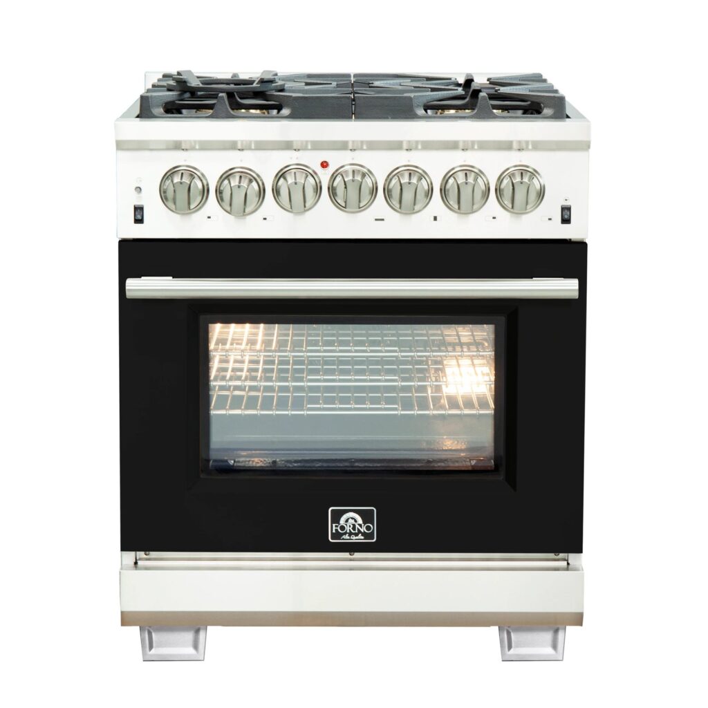 Capriasca 30-Inch Freestanding Dual Fuel Range, 4 Burners, True Convection Oven, Black Door