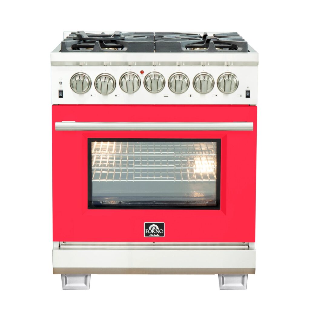 Capriasca 30-Inch Freestanding Dual Fuel Range, 4 Burners, True Convection Oven, Red Door
