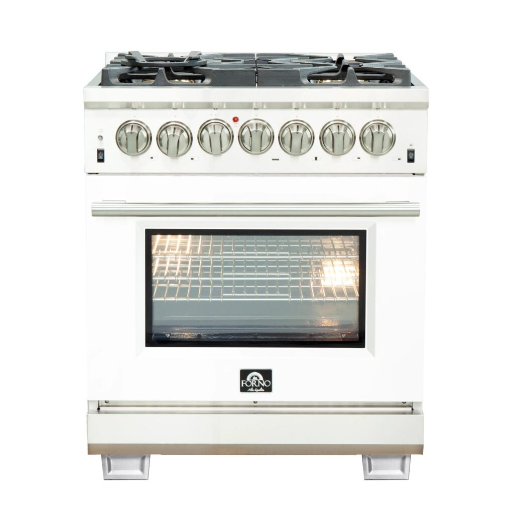 Capriasca 30-Inch Freestanding Dual Fuel Range, 4 Burners, True Convection Oven, White Door
