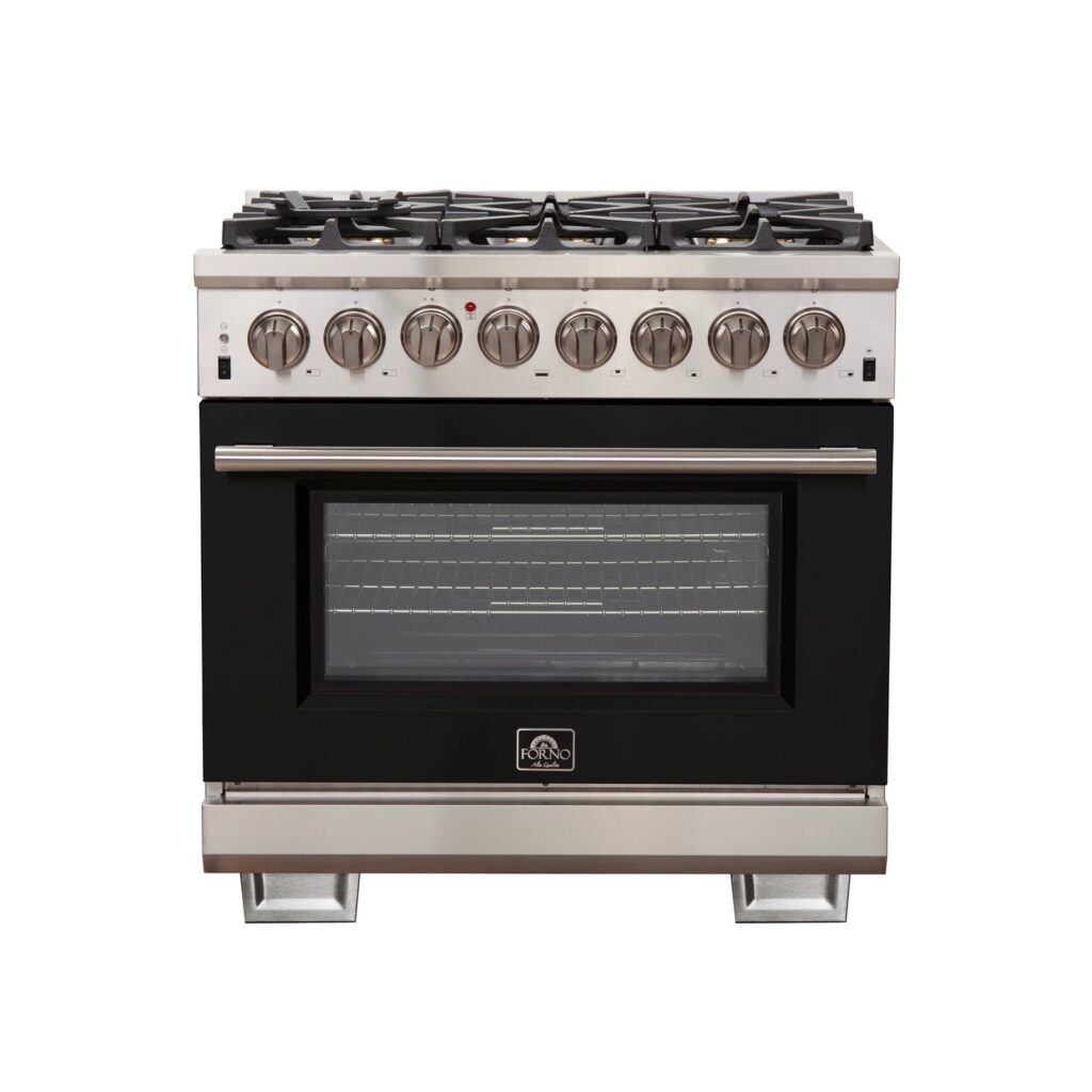 Capriasca 36-Inch Freestanding Dual Fuel Range, 6 Burners, True Convection Oven, Black Door
