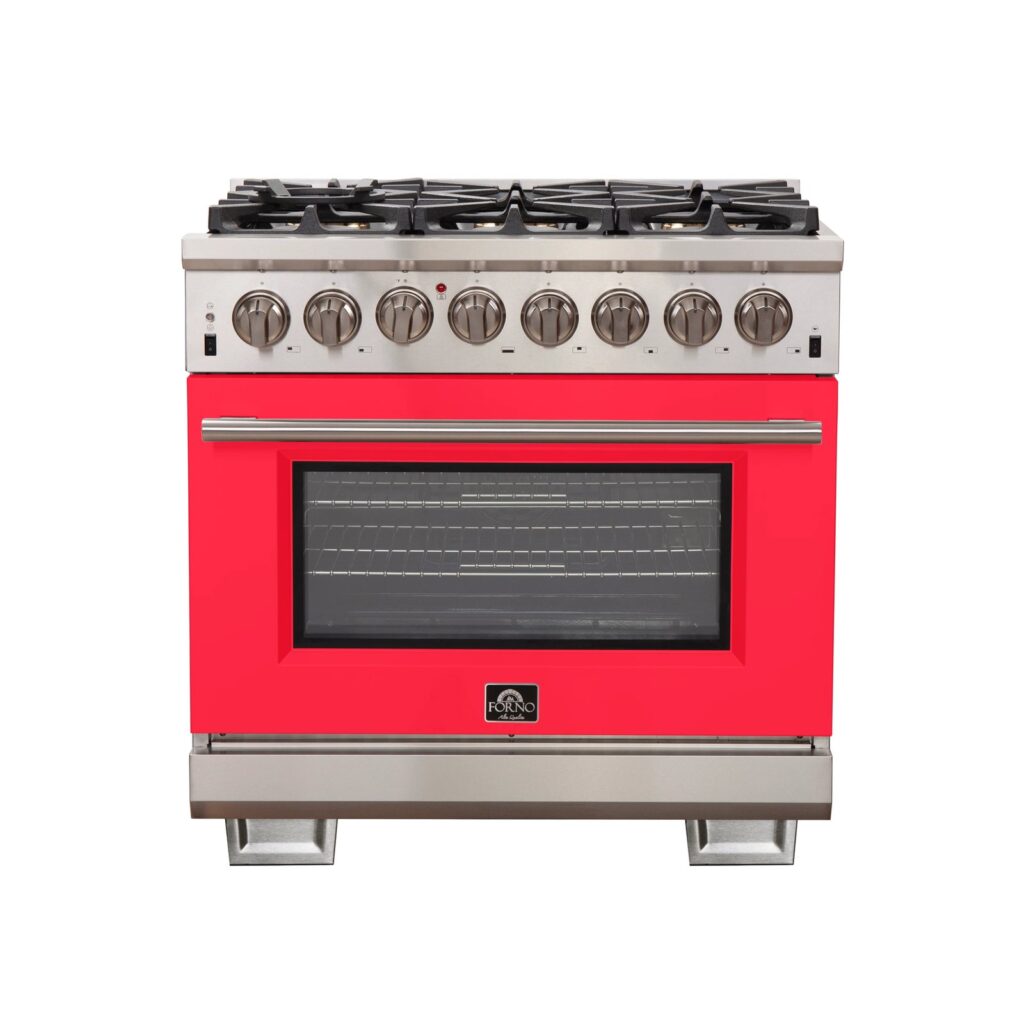 Capriasca 36-Inch Freestanding Dual Fuel Range, 6 Burners, True Convection Oven, Red Door