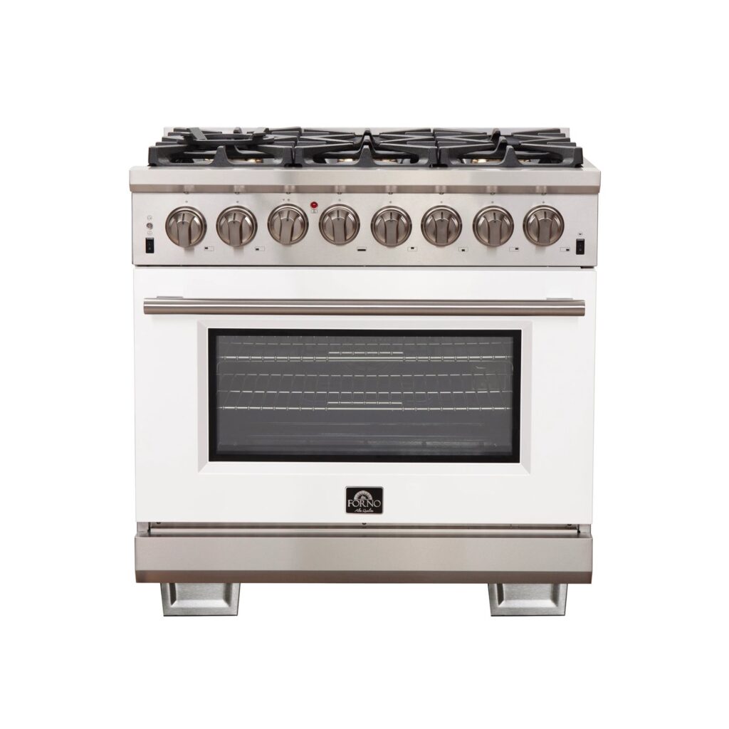 Capriasca 36-Inch Freestanding Dual Fuel Range, 6 Burners, True Convection Oven, White Door