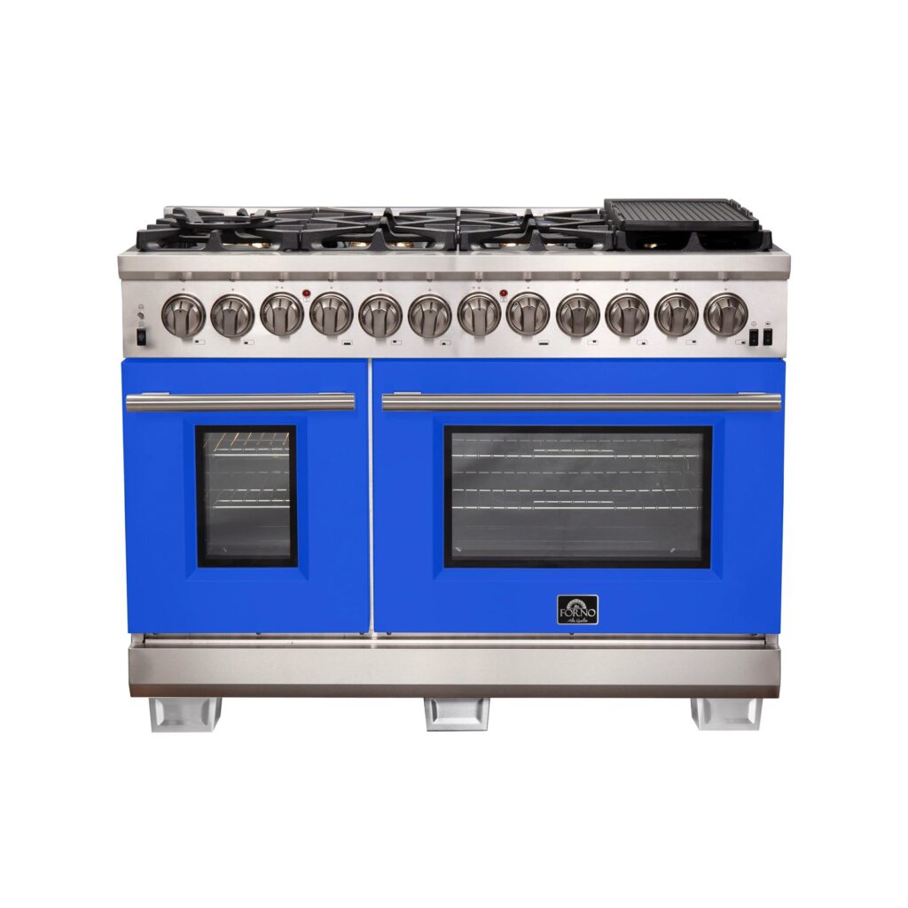 Capriasca 48-Inch Freestanding Dual Fuel Range, 8 Burners, True Convection Oven, Blue Doors