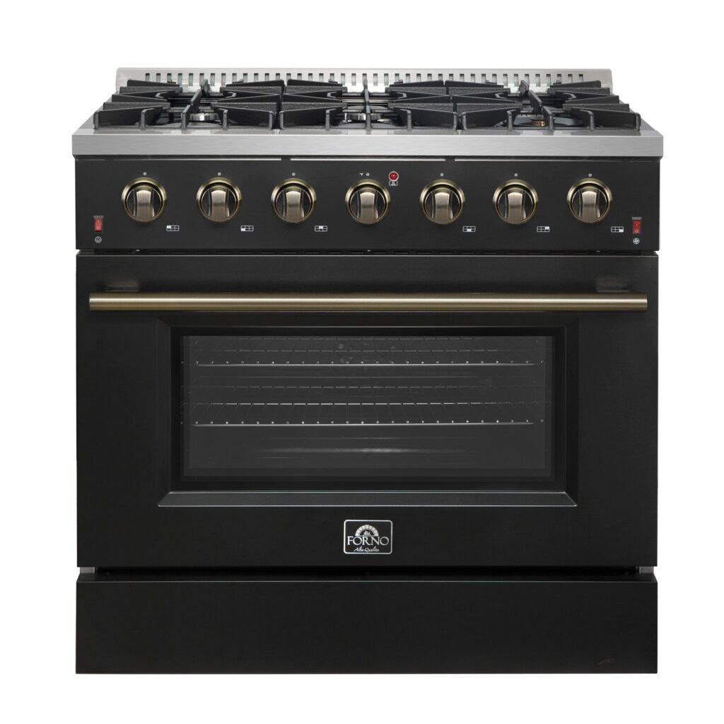 Galiano 36-inch Freestanding Gas Range in Black with Antique Brass Design, 6 Burners, 83,000 BTU, 5.36 cu.ft. Convection Oven