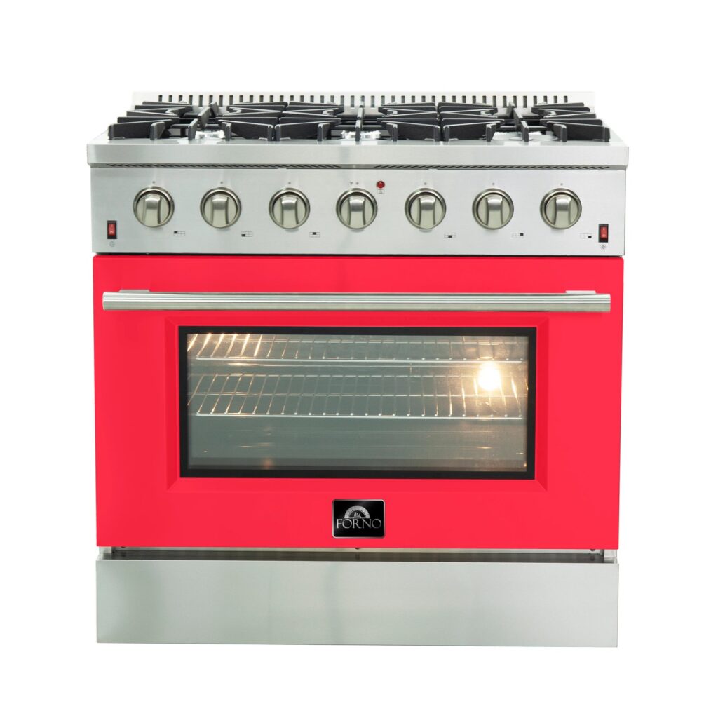 Galiano 36-Inch Freestanding Gas Range, Stainless Steel, 6 Burners, Energy Efficient, Red Door