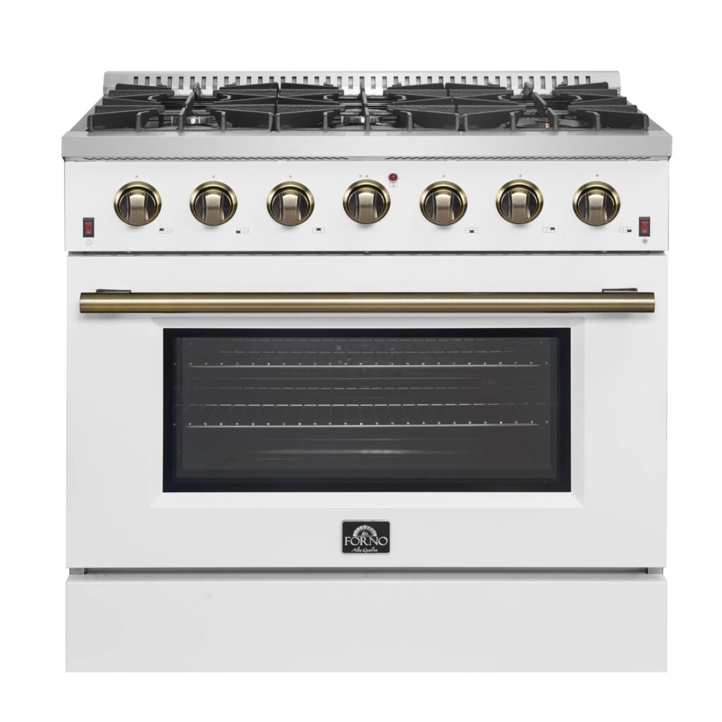Galiano 36-inch Freestanding Gas Range in White with Antique Brass Design, 6 Burners, 83,000 BTU, 5.36 cu.ft. Convection Oven