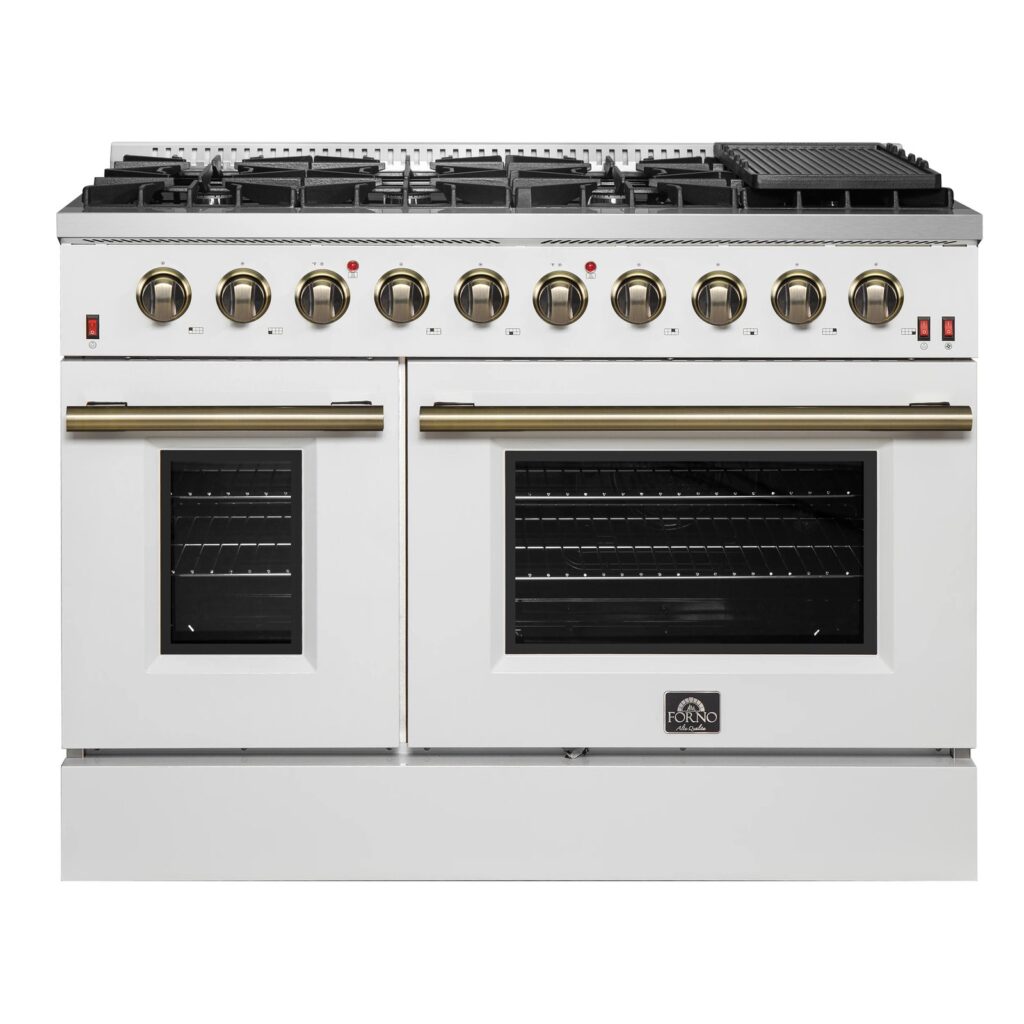 Galiano 48-inch Gas Range White & Antique Brass Design, 8 Burners, 107,000 BTU, Griddle, 6.58 cu.ft. Double Ovens