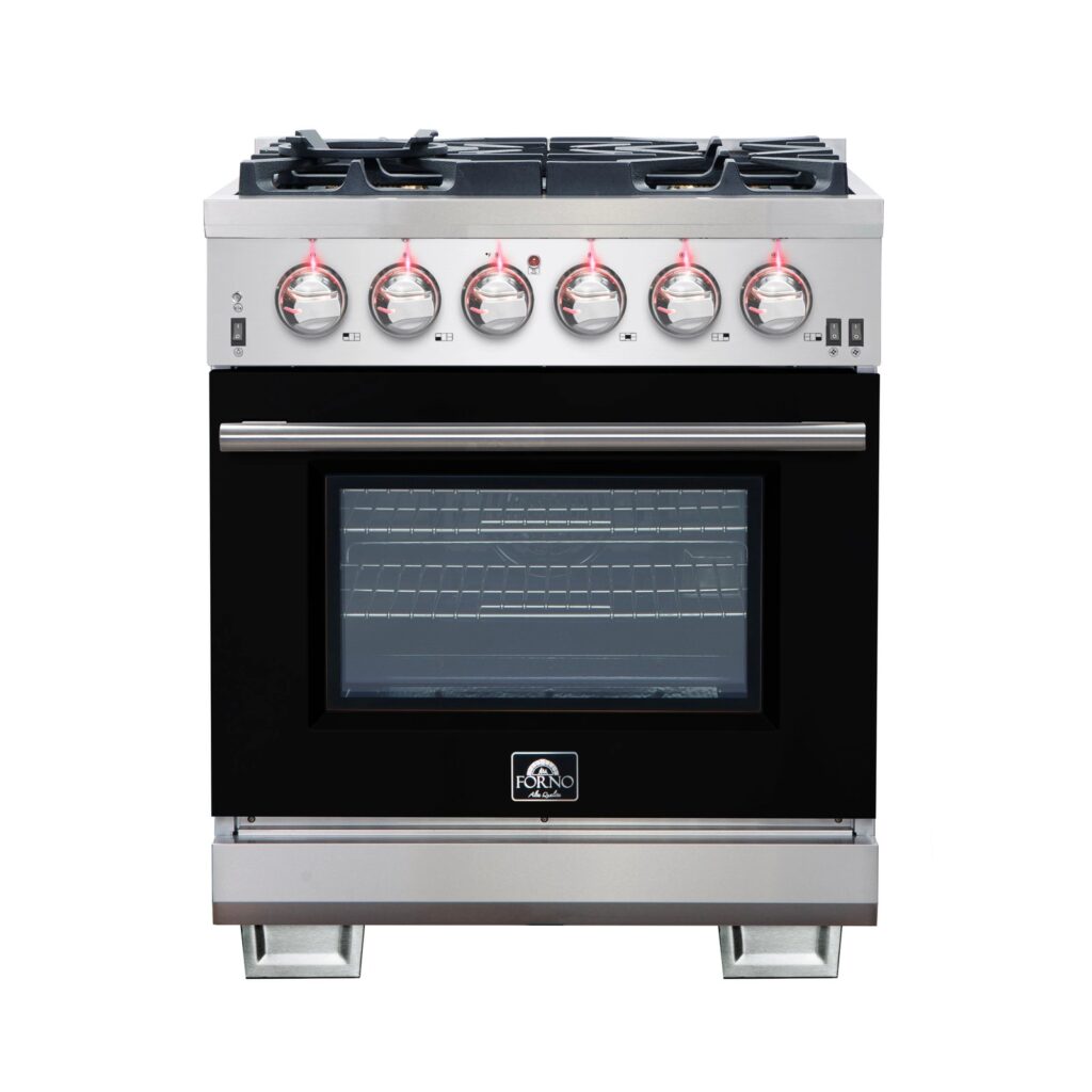 Capriasca 30-Inch Freestanding Gas Range, 4 Burners, True Convection Oven, Black Door
