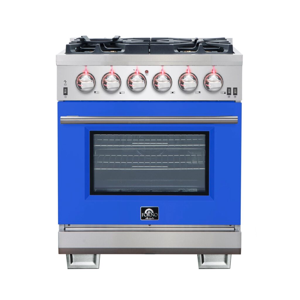 Capriasca 30-Inch Freestanding Gas Range, 4 Burners, True Convection Oven, Blue Door