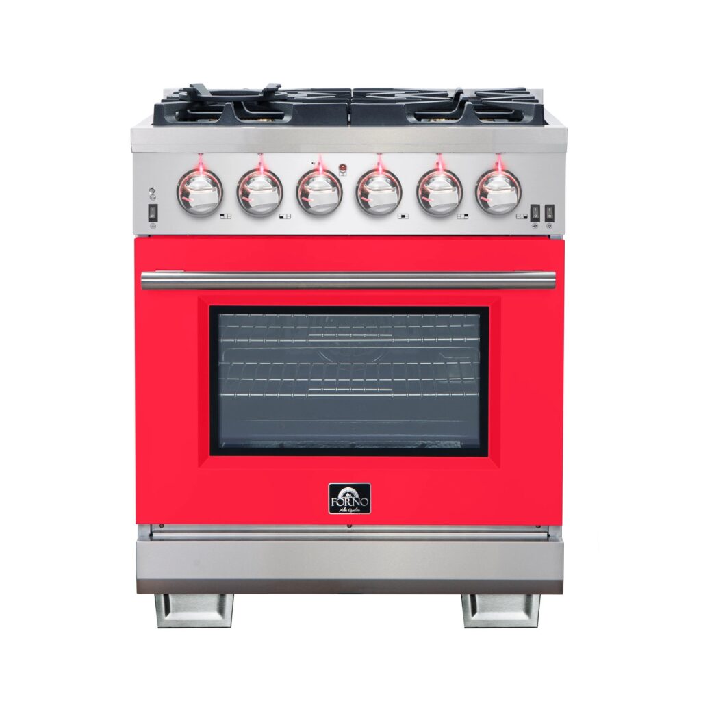 Capriasca 30-Inch Freestanding Gas Range, 4 Burners, True Convection Oven, Red Door