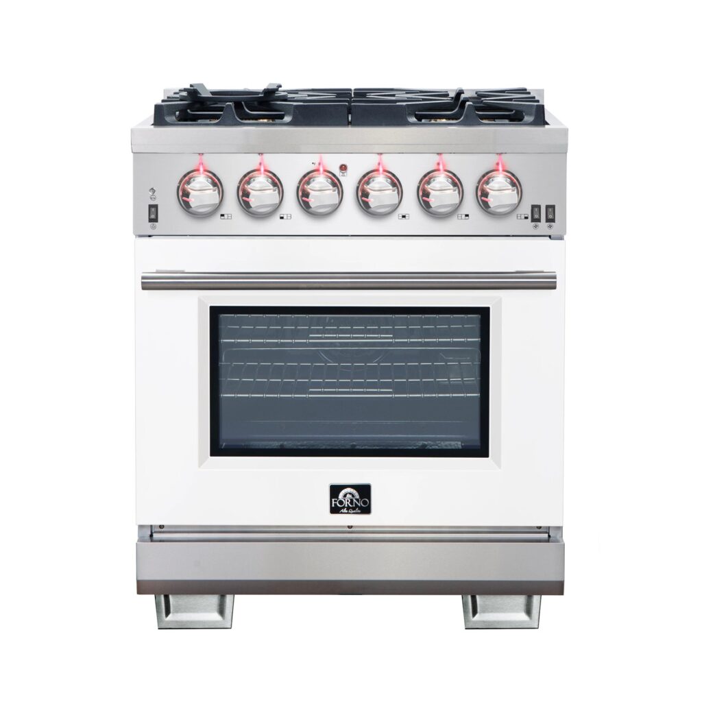 Capriasca 30-Inch Freestanding Gas Range, 4 Burners, True Convection Oven, White Door