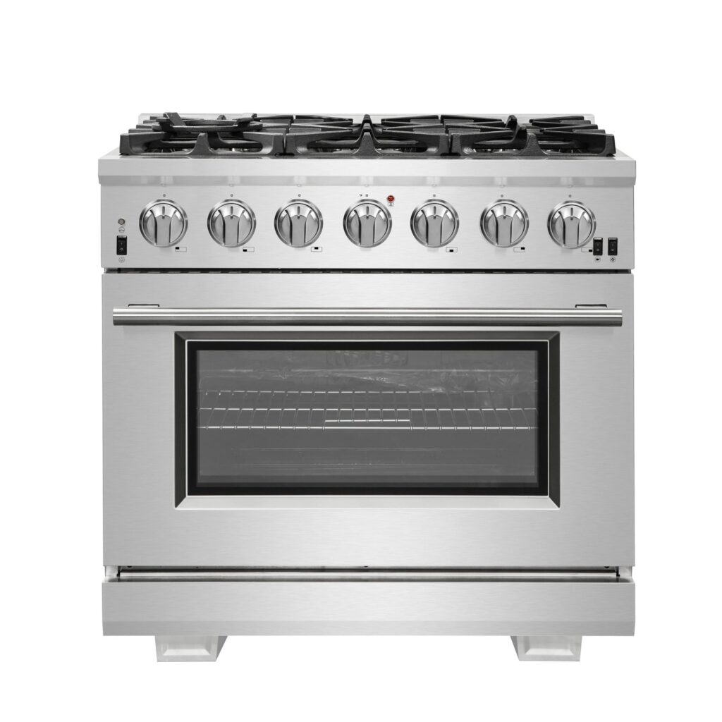Capriasca 36-Inch Gas Range, Stainless Steel, 6 Brass Burners, 120,000 BTU, Convection Oven, Energy Efficient