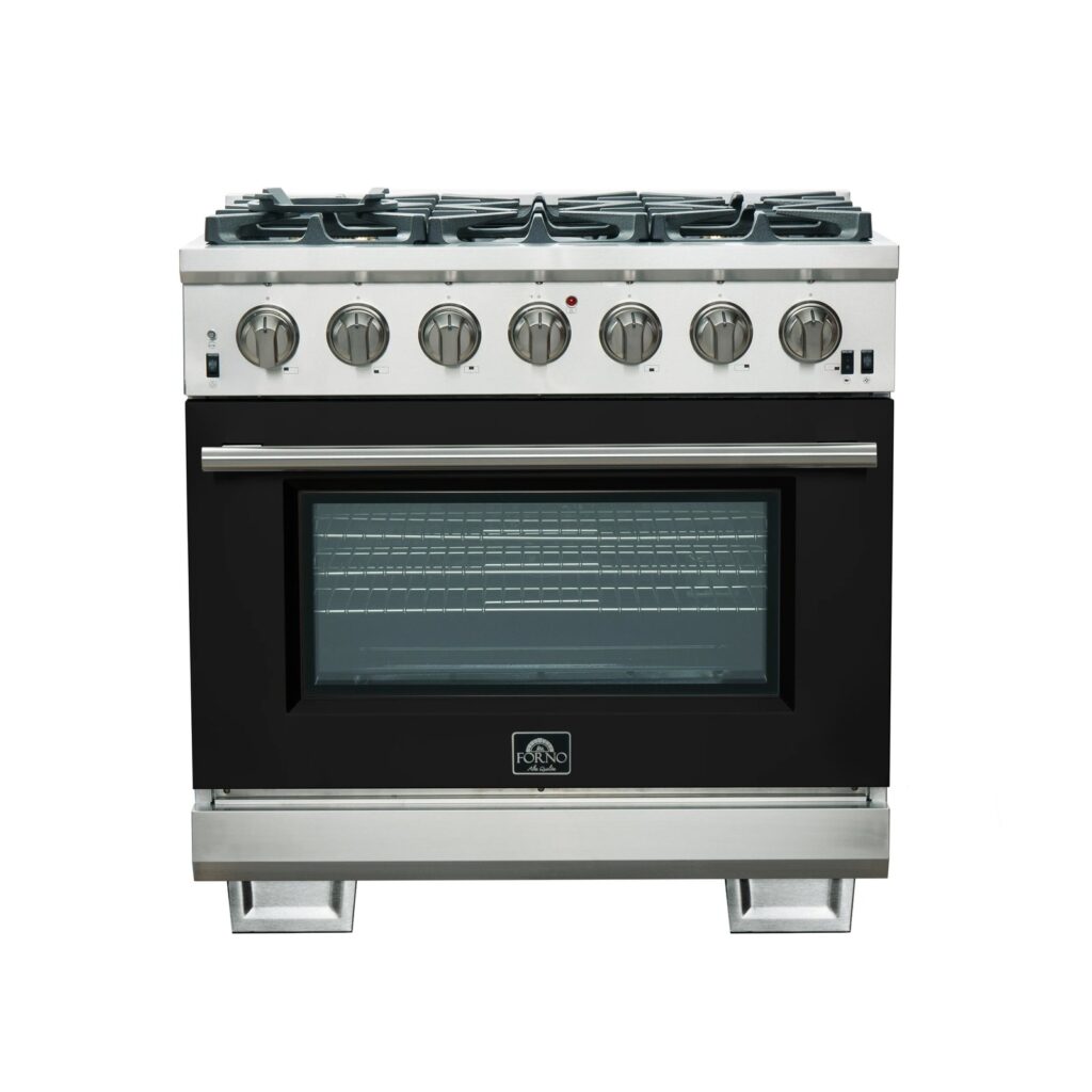 Capriasca 36-Inch Gas Range, Stainless Steel, 6 Brass Burners, 120,000 BTU, Convection Oven, Energy Efficient, Black door