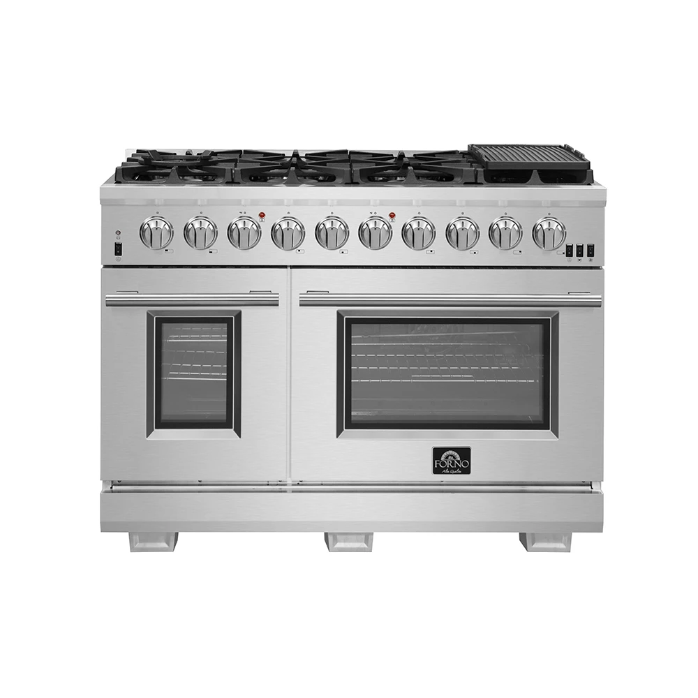 Capriasca 48-inch Gas Range Stainless Steel, 8 Brass Burners 160,000 BTU, 6.58 cu.ft. Double Oven