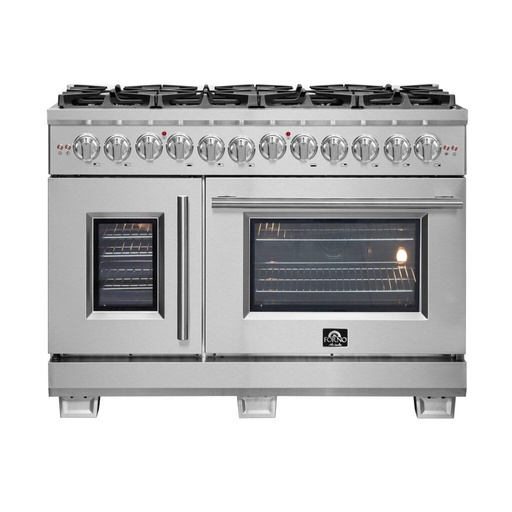 Capriasca 48-Inch Freestanding French Door Dual Fuel Range, 8 Burners, True Convection Oven